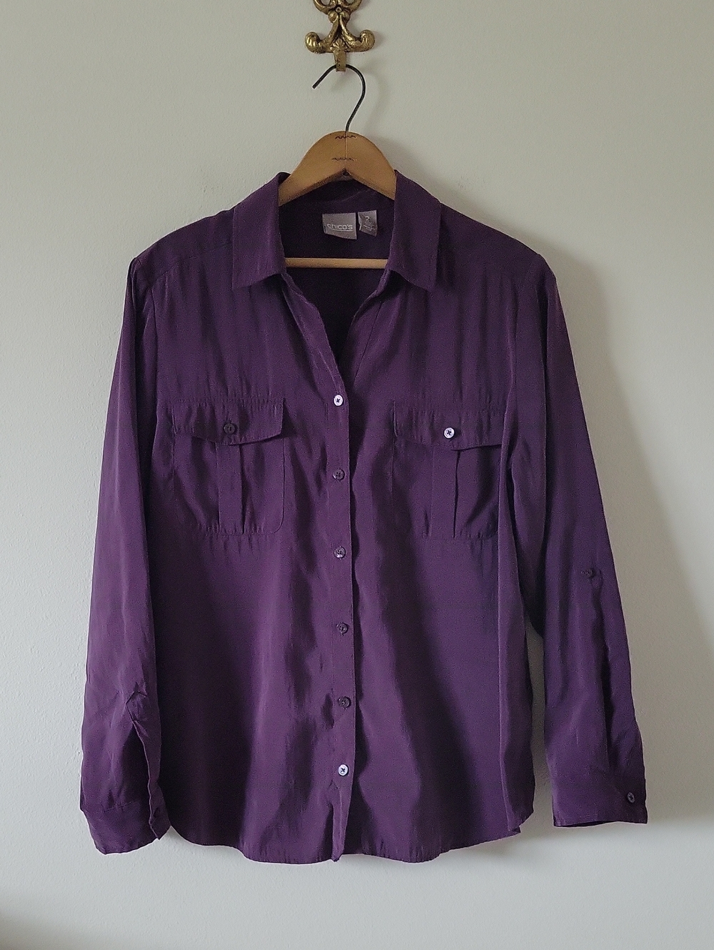 Chico's Purple Silky Soft Sandwashed Long Sleeve Button Down Size Large
